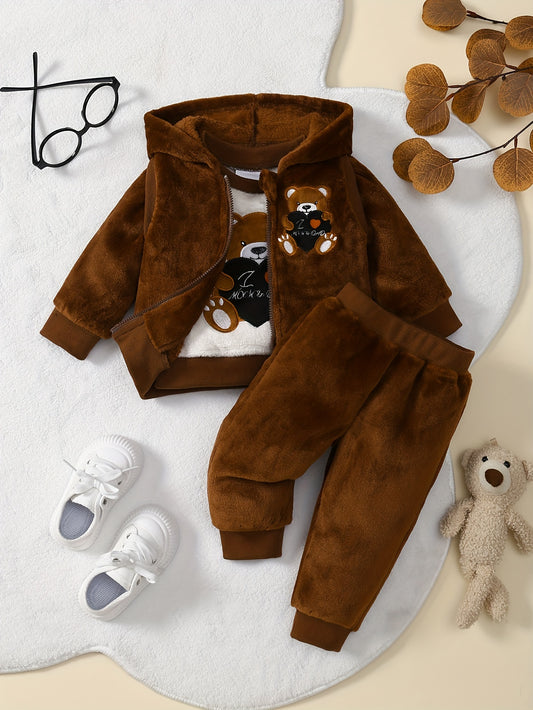 3 Piece Baby Boy Winter Outfit Set With Teddy Bear Embroidery Hooded Zipper Jacket And Flannel Pants