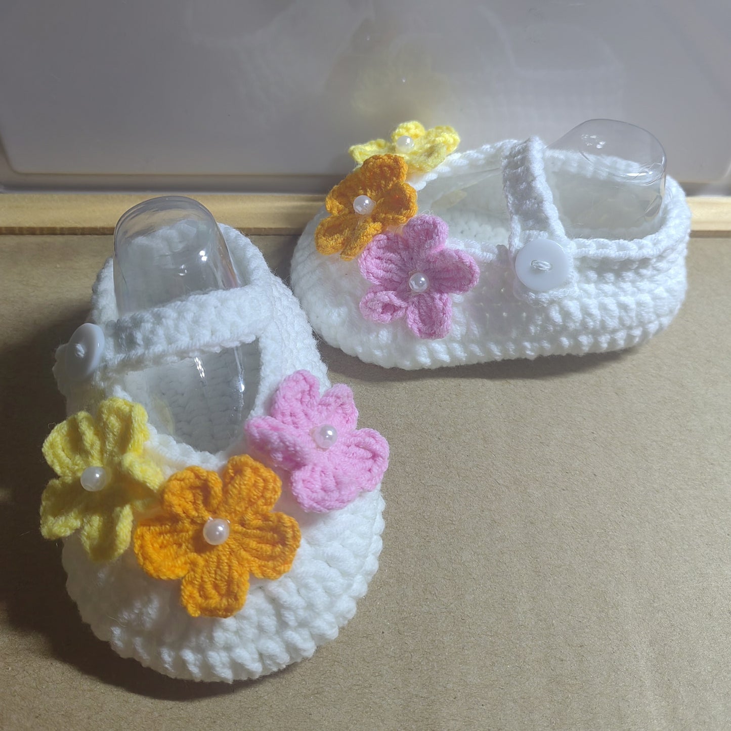 Handcrafted Crochet Baby Girl Shoes with Colorful Flower Accents - Soft Sole, Breathable Fabric, Casual Round Toe Design for Infants, Perfect for Spring/Autumn, Toddler Shoes