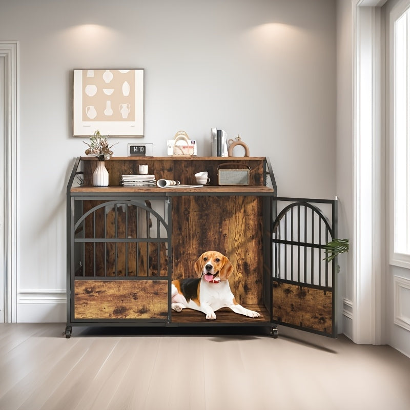 44 Inch Heavy Duty Metal Dog Crate Furniture with Wooden Top and Spacious Design for Large Dogs