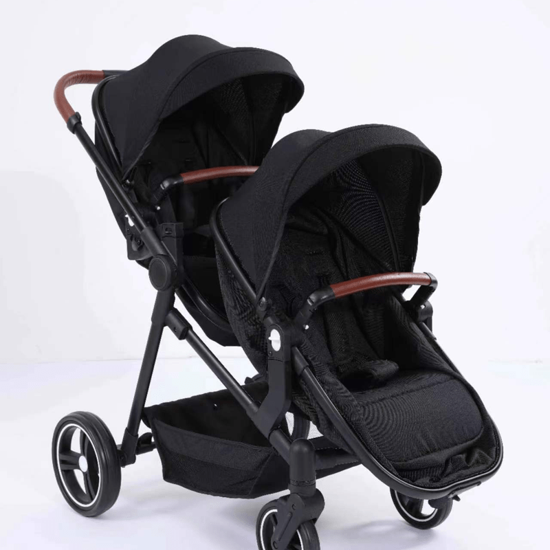 Double Stroller Track Tandem Stroller With Sunshade and Storage Basket Black