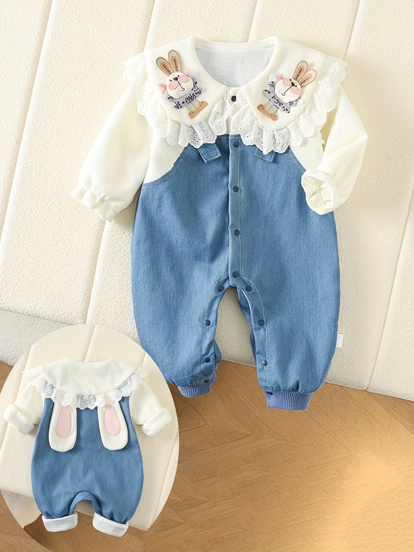 Cute Bunny Baby Girl Bodysuit Denim Lace Trim Long Sleeve