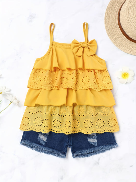 Toddler Baby Girls' Summer Shorts Set - Solid Color Cotton Blend Bow Detail - Cute Regular Fit | Hand Wash Only | Non-Stretch Woven Fabric
