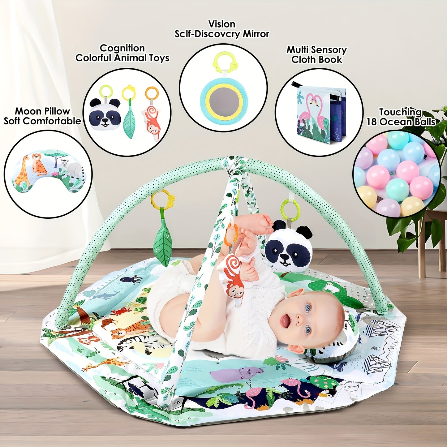 Dearlomum 4 in 1 Tummy Time Mat and Baby Gym Activity Play Mat with 6 Sensory Toys