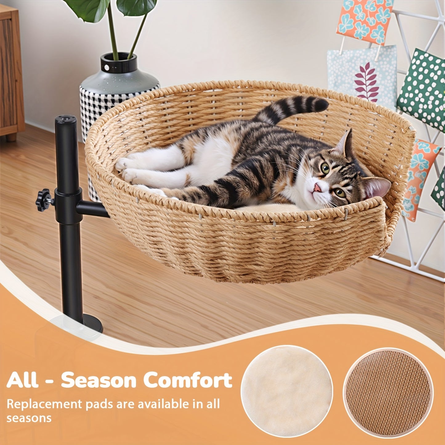 Adjustable Height 360 Degree Rotating Cat Desk Bed Hammock with Removable Shelf and Mats