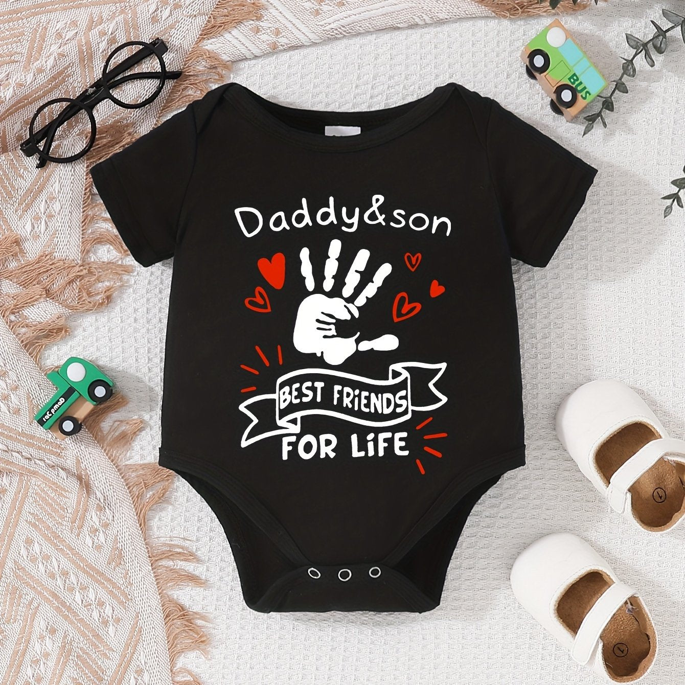 Soft Cotton Baby Onesie - Daddy's Best Buddy & Handprint Design, Black Short Sleeve Round Neck Romper with Snap Closures, All-Season Comfort for Boys & Girls, Machine Washable Playful Casual Outfit, Easy Diaper Change | Heart