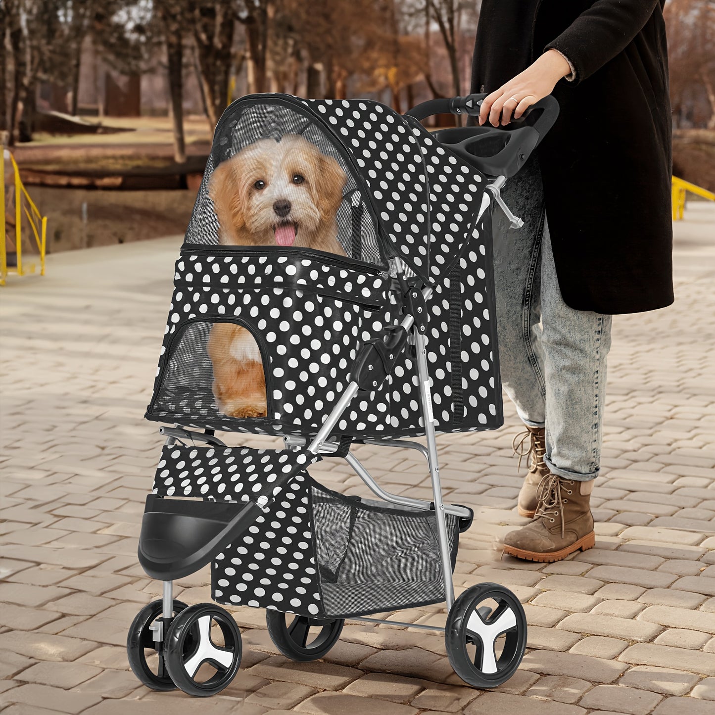 3 Wheels Pet Dog Cat Stroller for Small Medium Dogs Cats - Foldable Jogger Stroller w/Storage Basket and Cup Holder - For Pet Owners - Suitable for Outdoor Walks & Travel - Great Gift for Dog & Cat Lovers