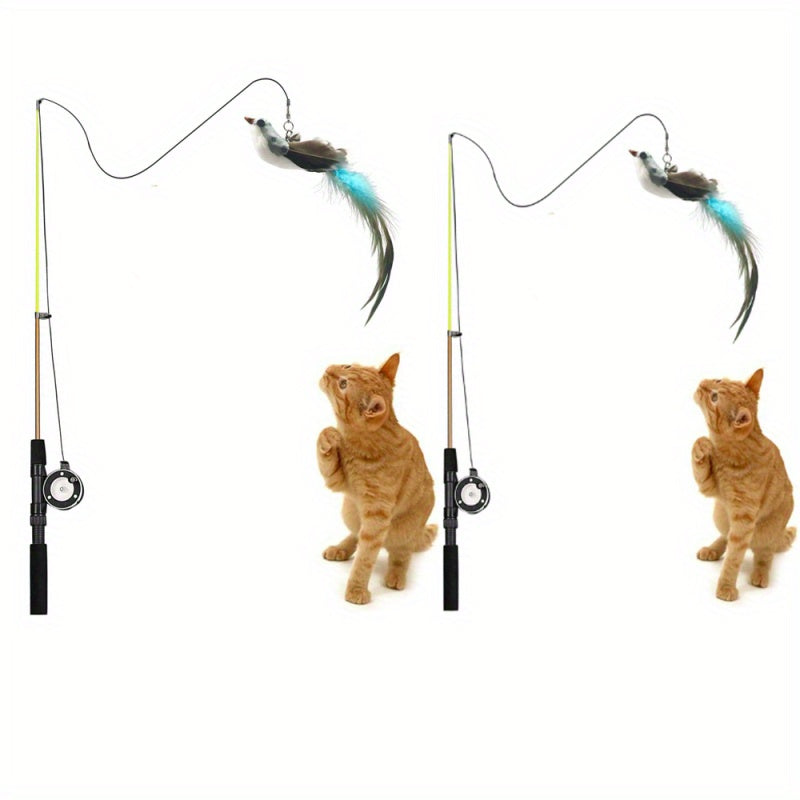 2pcs Retractable Cat Toy Fishing Rod with Feathers Telescoping Design for Interactive Play