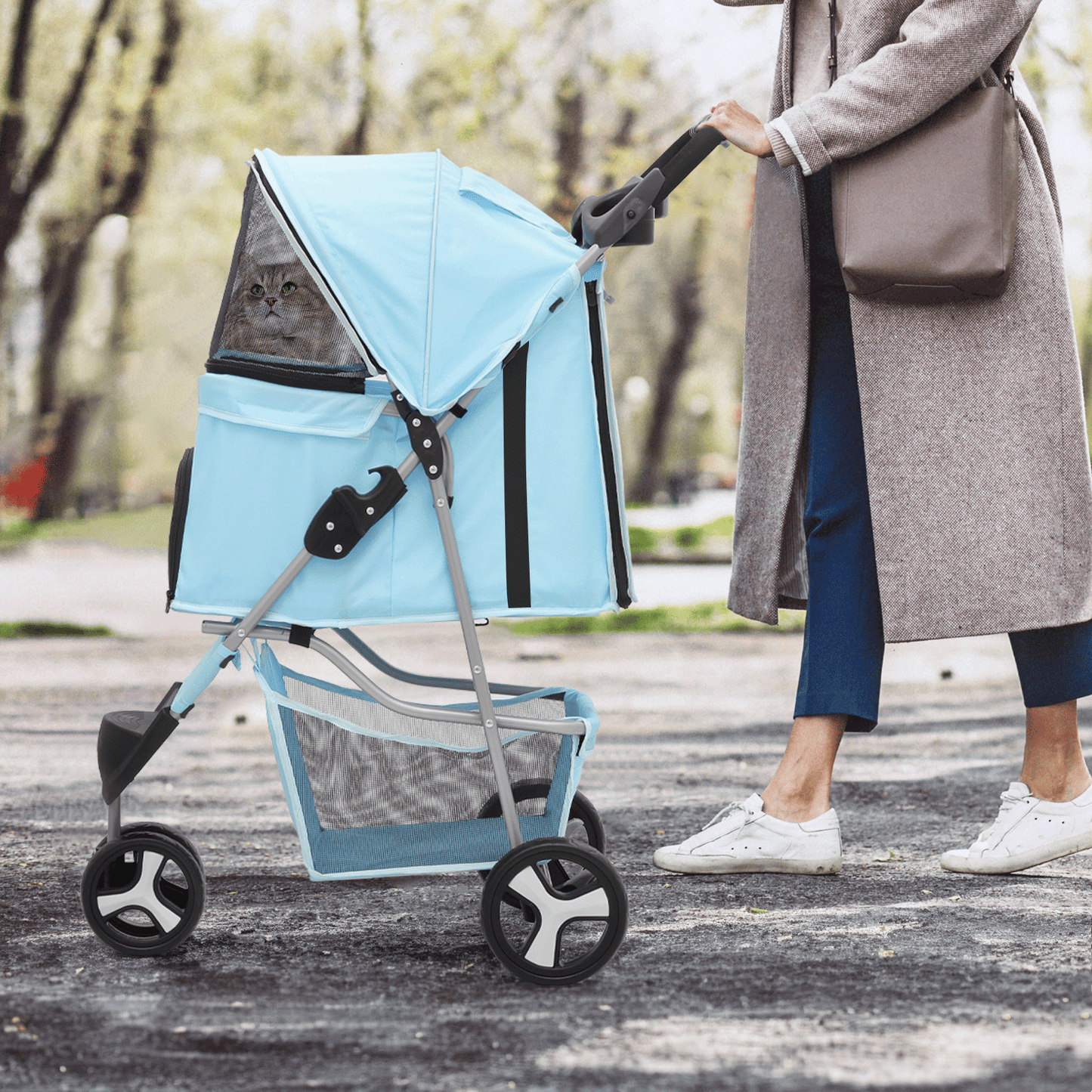 MoNiBloom Foldable Dog Strollers for Small Dogs with Weather Cover, 3 Wheels Pet Strolling Cart for Dogs and Cats with Storage Basket and Cup Holder, Breathable and Visible Mesh for All-Season