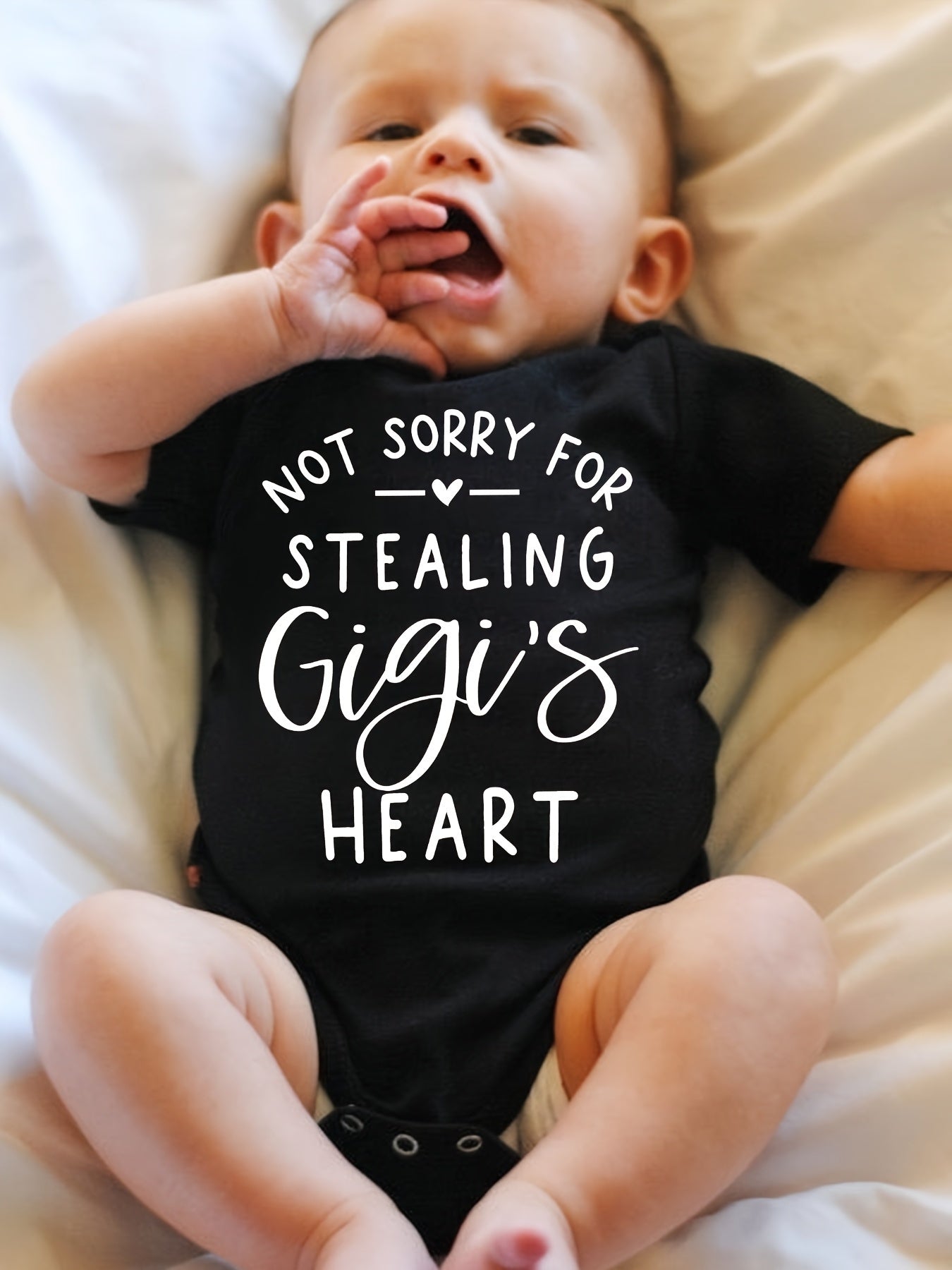 Not Sorry for Stealing Gigi's Heart Gray Short Sleeve Romper for Boys and Girls