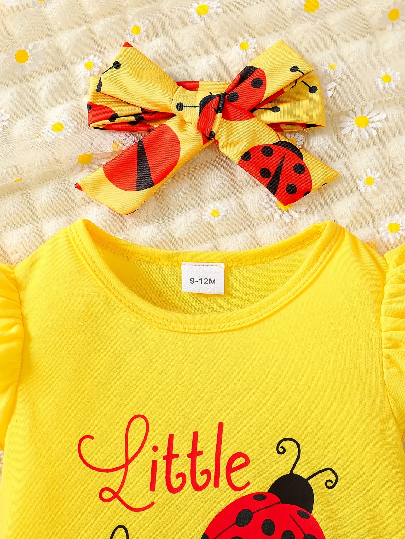 Little Lady Print Baby Girl Outfit Set With Cap Sleeve Bodysuit Hairband And Ladybug Skirt 0 To 3 Years