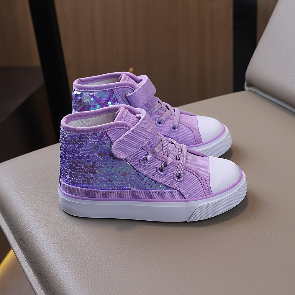 Girls Lightweight Canvas Sneakers with Purple Star Sequins Mid-Top Casual Shoes