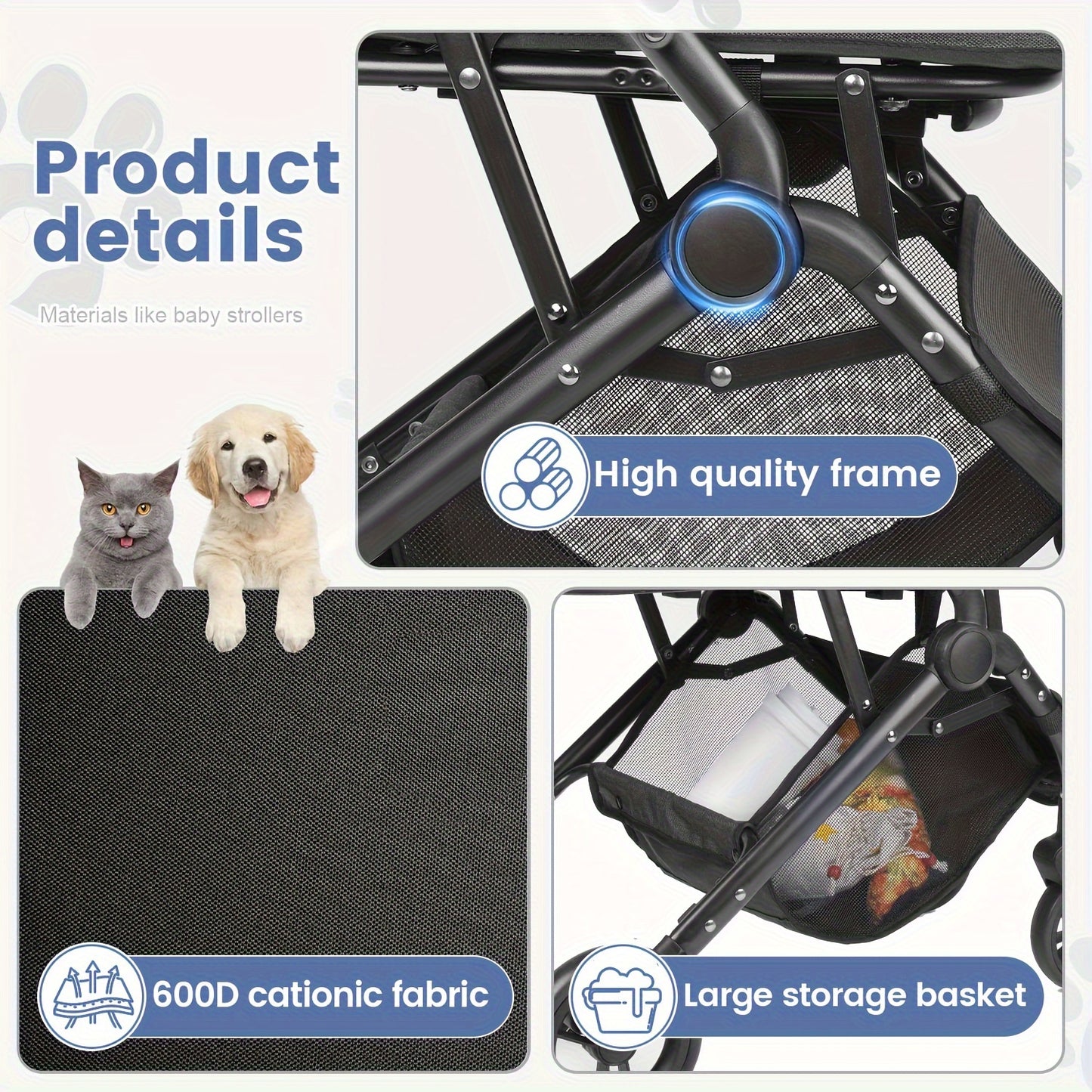Pet Stroller 4 Wheels Dog Cat Stroller, Pet Folding Stroller, Foldable Dog Cat Cage Jogger Stroller Holder With Shock Absorption,, Breathable And Visible Mesh For Medium/Large Small Dogs Cats