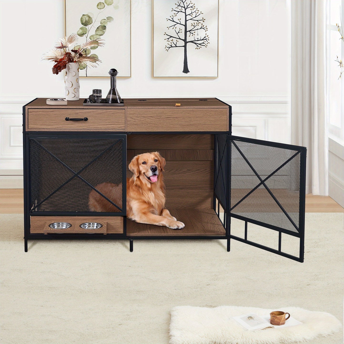 Large Dog Crate Furniture 47 Inch Wooden Kennel Indoor End Table with Drawer and Bowls