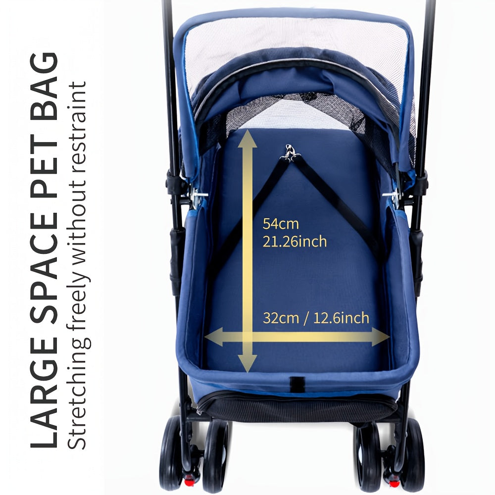 1pc Durable Pet Stroller for Small to Medium Dogs & Cats - Portable, Foldable with Metal Frame & Oxford Fabric, Blue & Black with Mesh Side Pocket, Carry Bag & Removable Tray for Travel, Dog Stroller