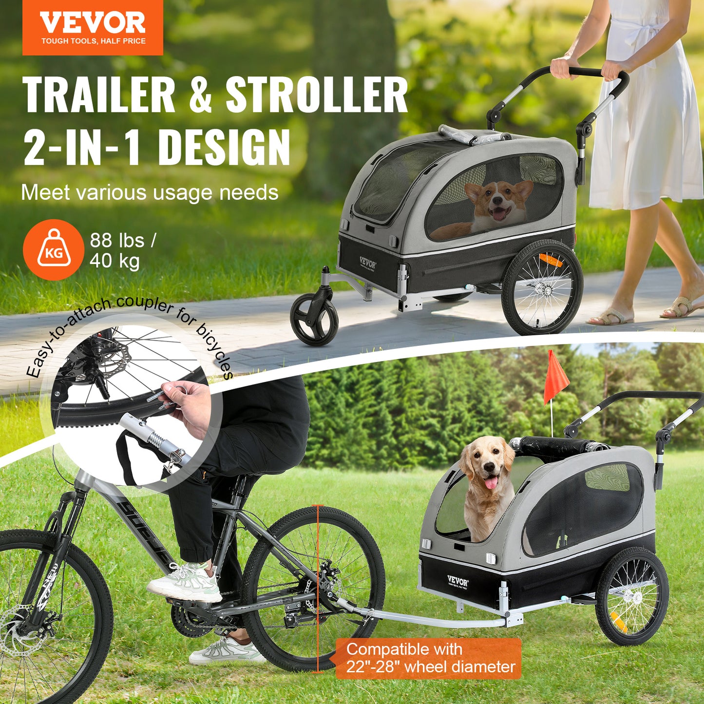 VEVOR 2in1 Dog Bike Trailer And Jogging Stroller For Pets