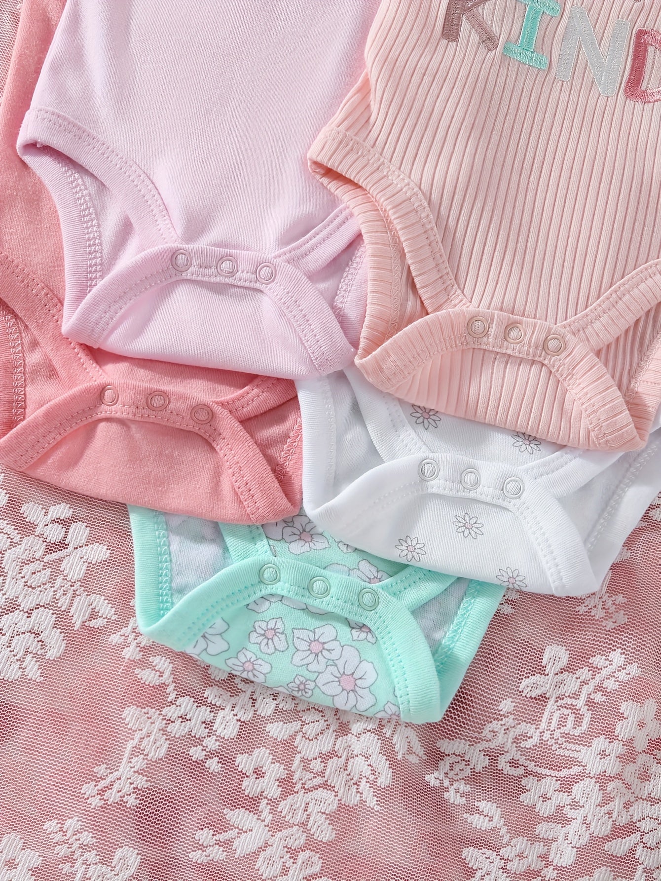 5pcs Set Of Baby Girl Short Sleeved Triangle Jumpsuit With Pink Flowers, Cute Baby Girl Outfit, Crawling Suit, for Outdoor