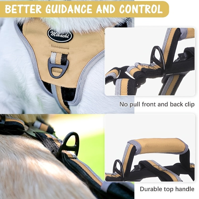 Adjustable No-Pull Dog Harness with Handle - Escape Proof, Soft Padded, Reflective Full Body Vest for Medium and Large Dogs, Ideal for Walking, Hiking, and Training, Beige, Escape-proof, Safety Vest