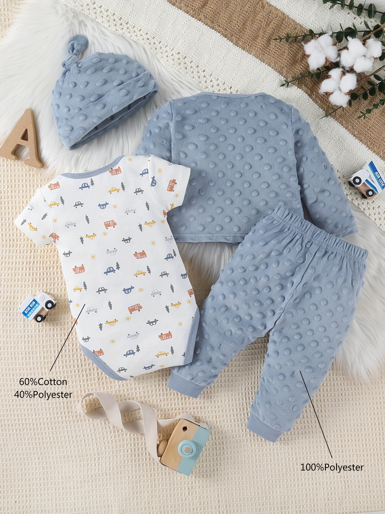 Autumn Winter Baby Jumpsuit Set With Velvet Hat Cartoon Car
