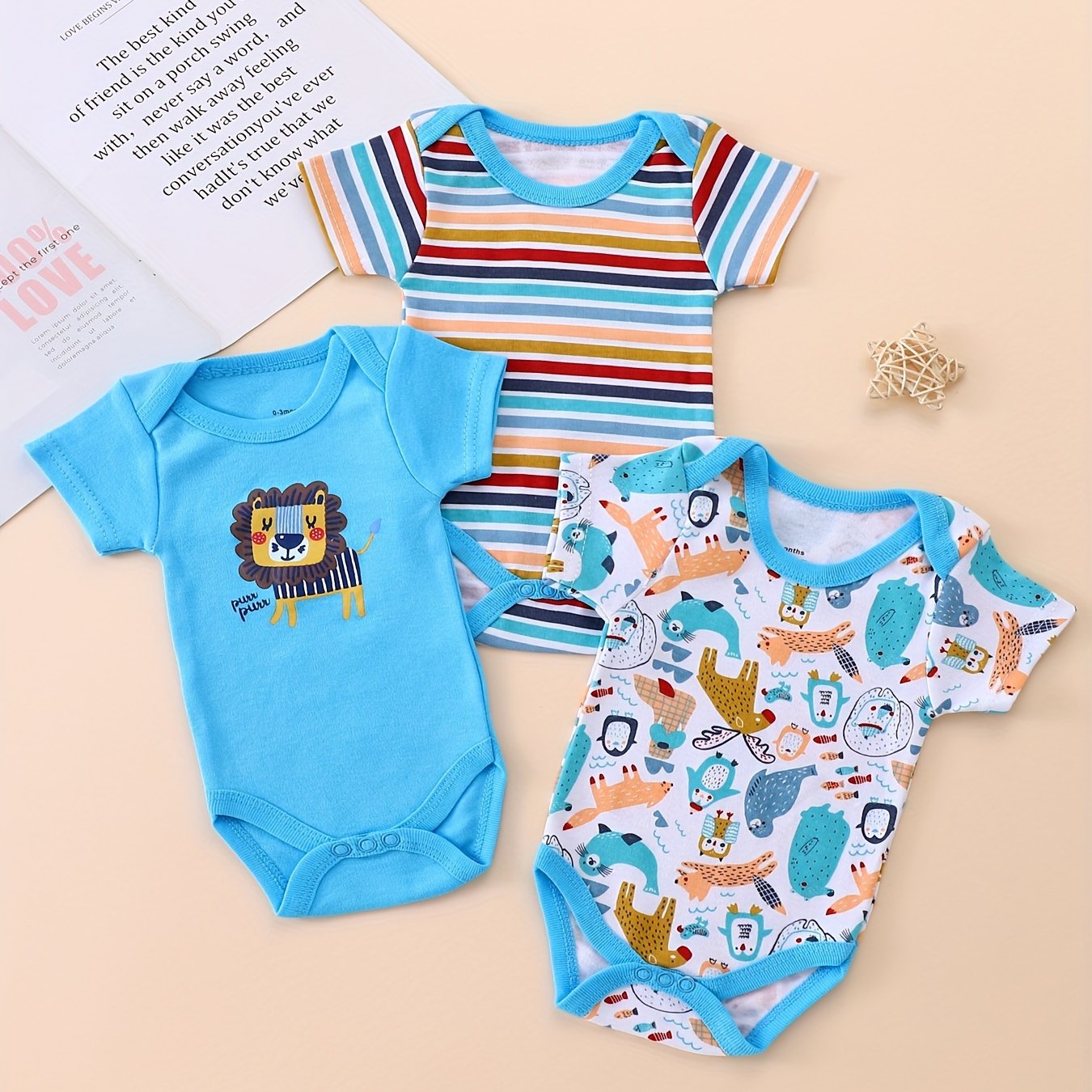 3pcs Toddler Boys' Short Sleeve Romper Set - Cute Lion Animal Print, Blue & White, Cotton, Round Neck, Summer Outfit with "LOVE" & "THANKS" Embroidery, Perfect for Spring/Summer, Clothes for Youngster, for Outdoor, Perfect fo
