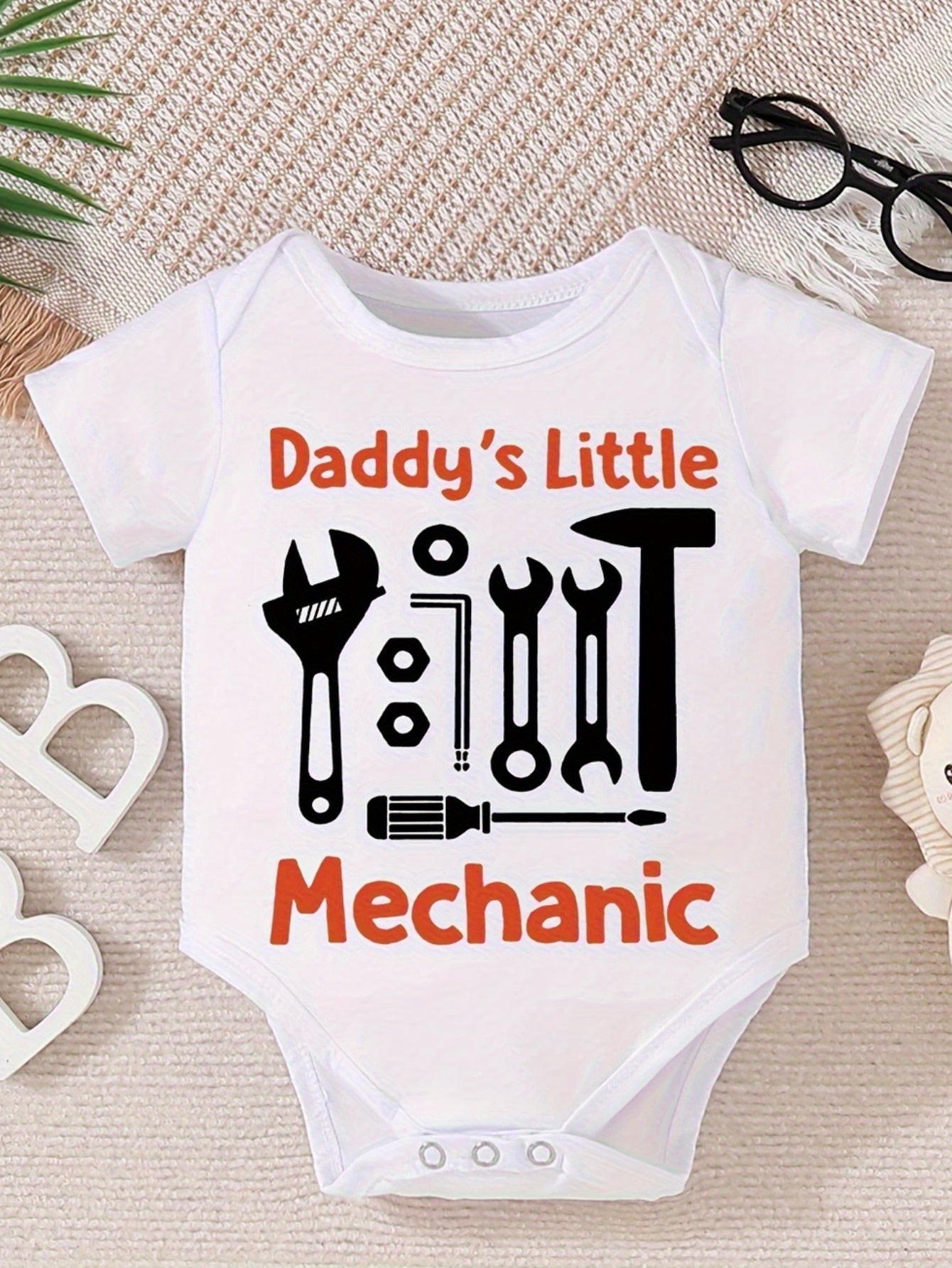 Daddy's Little Mechanic Cotton Bodysuit for Boys Comfy Short Sleeve Round Neck Romper