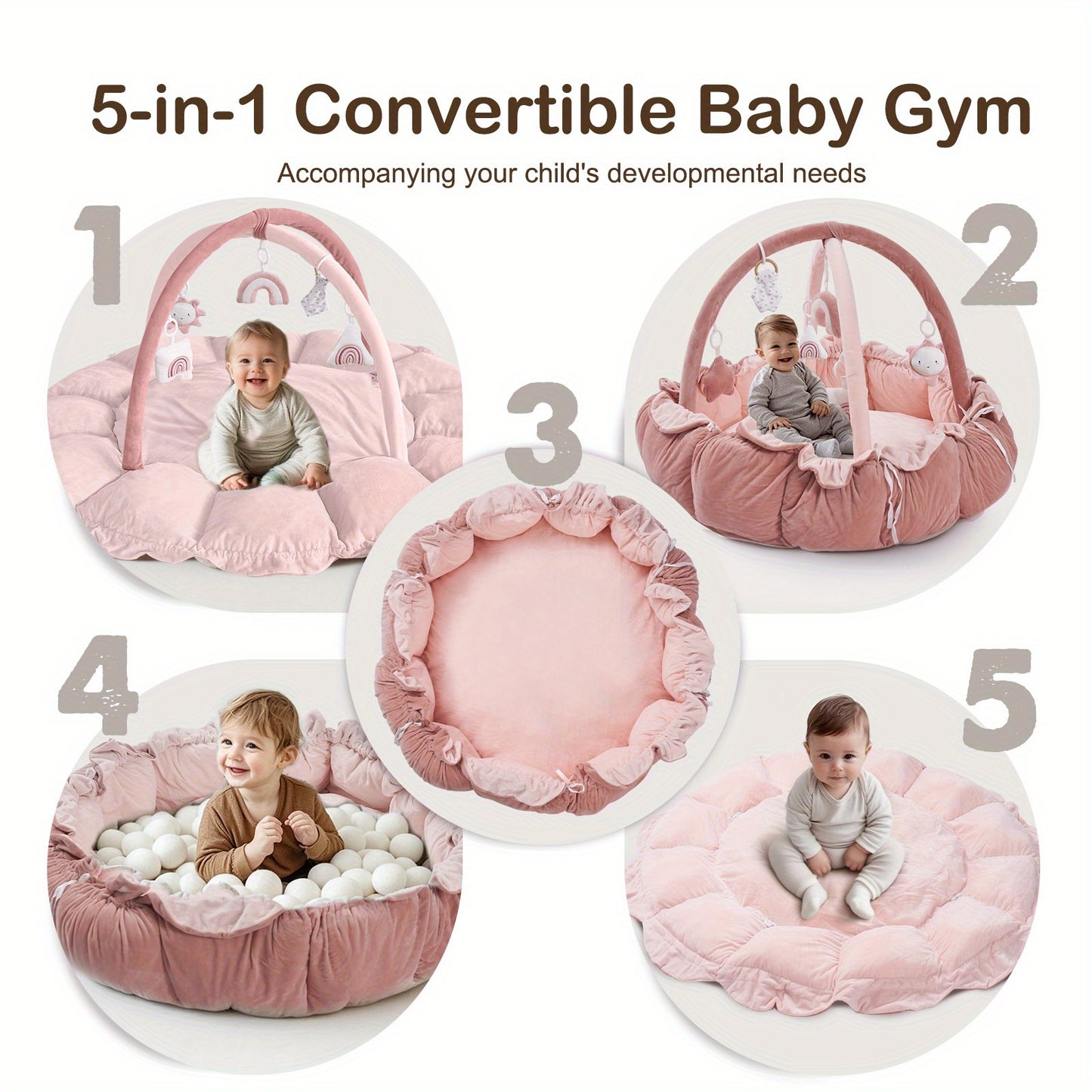Cloudico 5 In 1 Thick Plush Baby Play Gym With Tummy Time Mat And 6 Toys From Baby To Toddler Ball Pit Pet Cushion