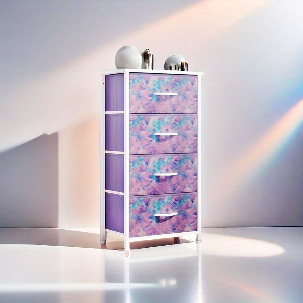 Compact Fabric Dresser Organizer with Drawers in Tie-Dye Purple Design for Stylish Storage