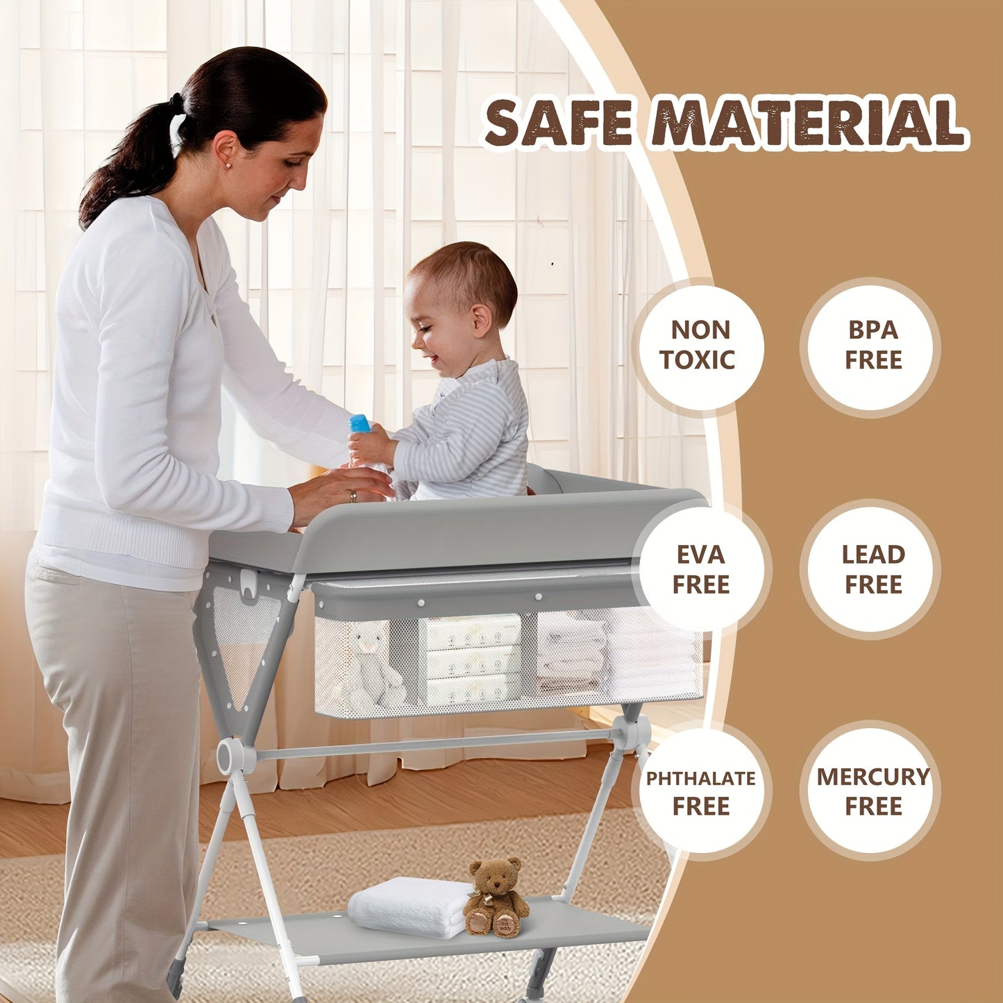 SEJOY Baby Changing Table with Wheels - Adjustable Height Folding Diaper Station, Portable Nursery Organizer & Storage Rack with Wicker Basket, Durable Metal Frame, Gray for Newborns & Infants