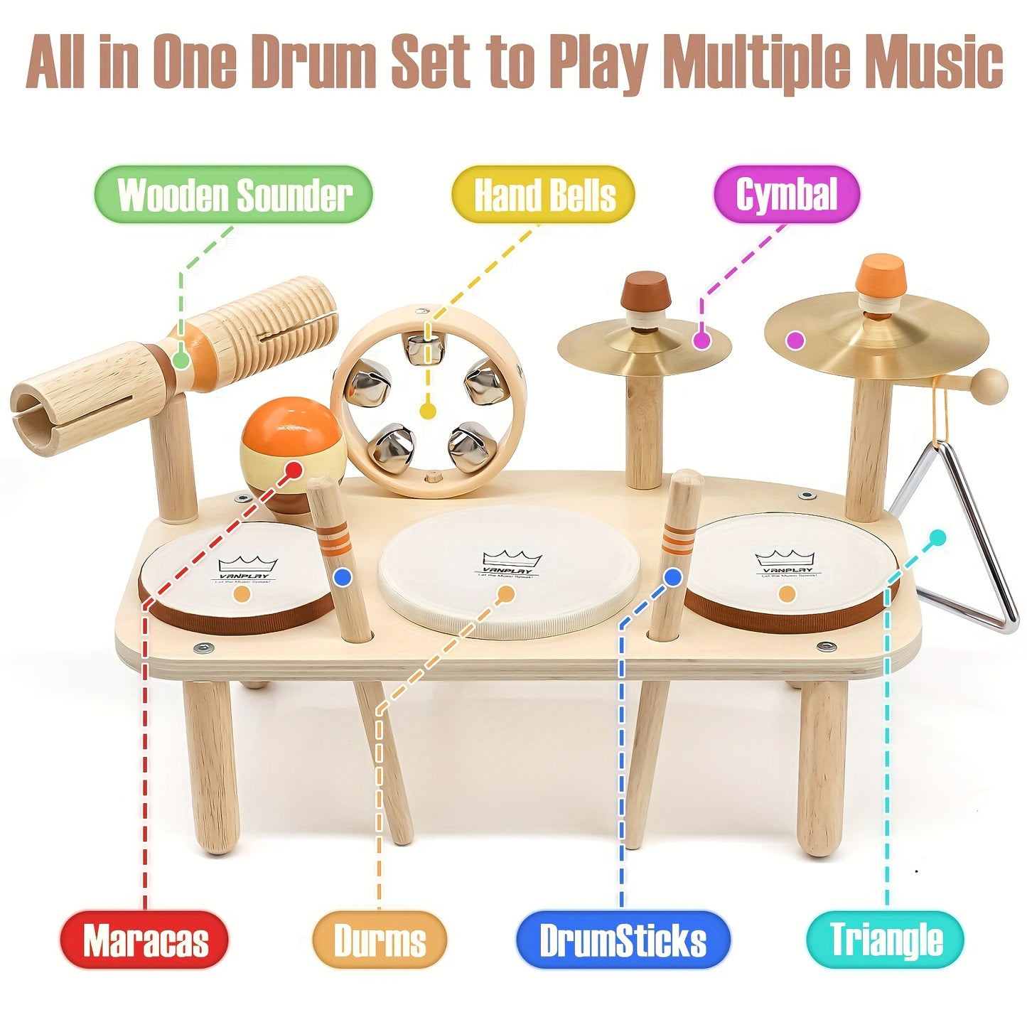 Vanplay 11 In 1 Wooden Musical Drum Set For Kids 18 Months And Up Educational Toy Gift