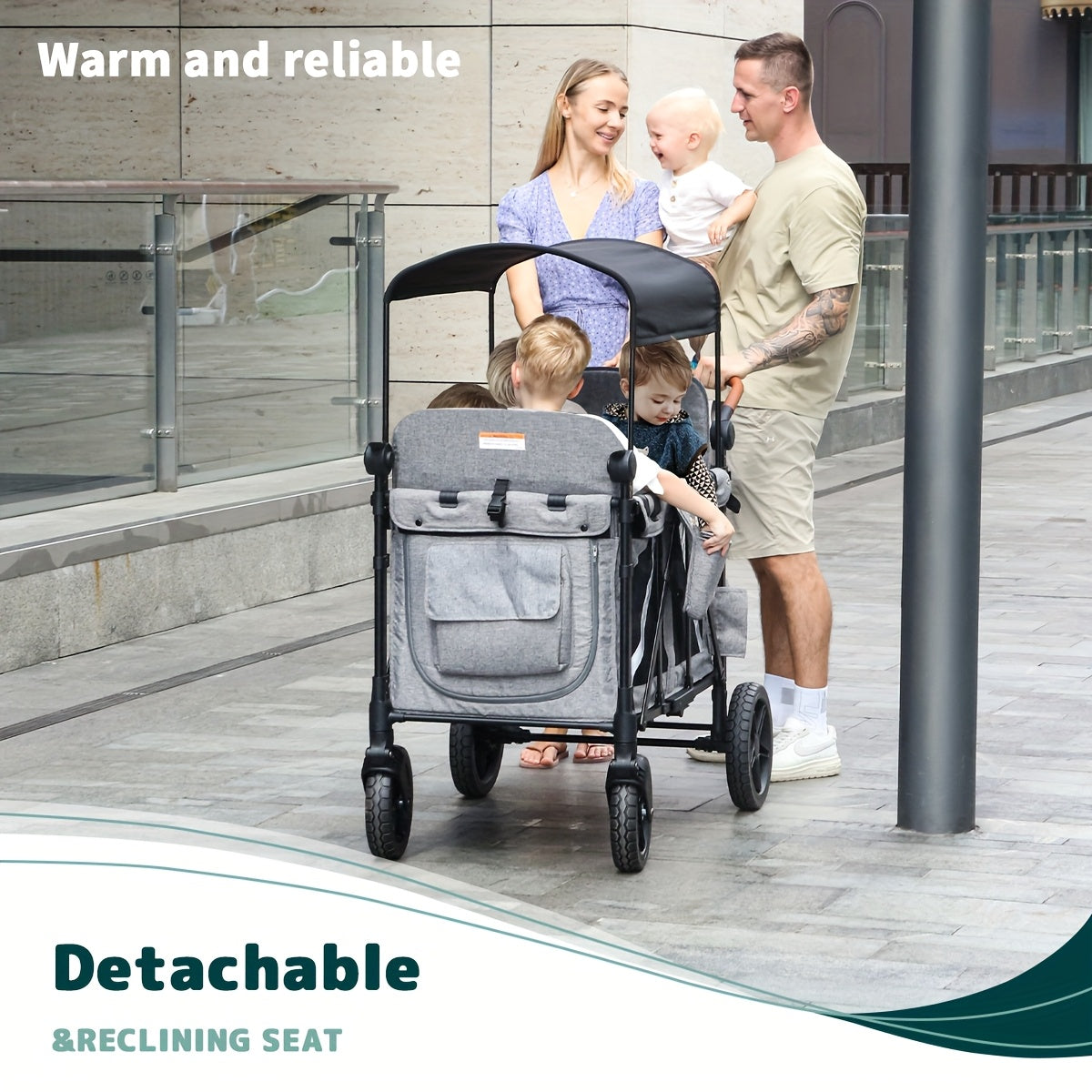Versatile 4-in-1 Stroller Wagon with Adjustable Sun Canopy & 5-Point Harness - Perfect for Travel & Beach Outings, Suitable for Four Youngsters, Front-Facing Design, Durable Polyester Fabric, Gray/Black Color, Shock Absorptio