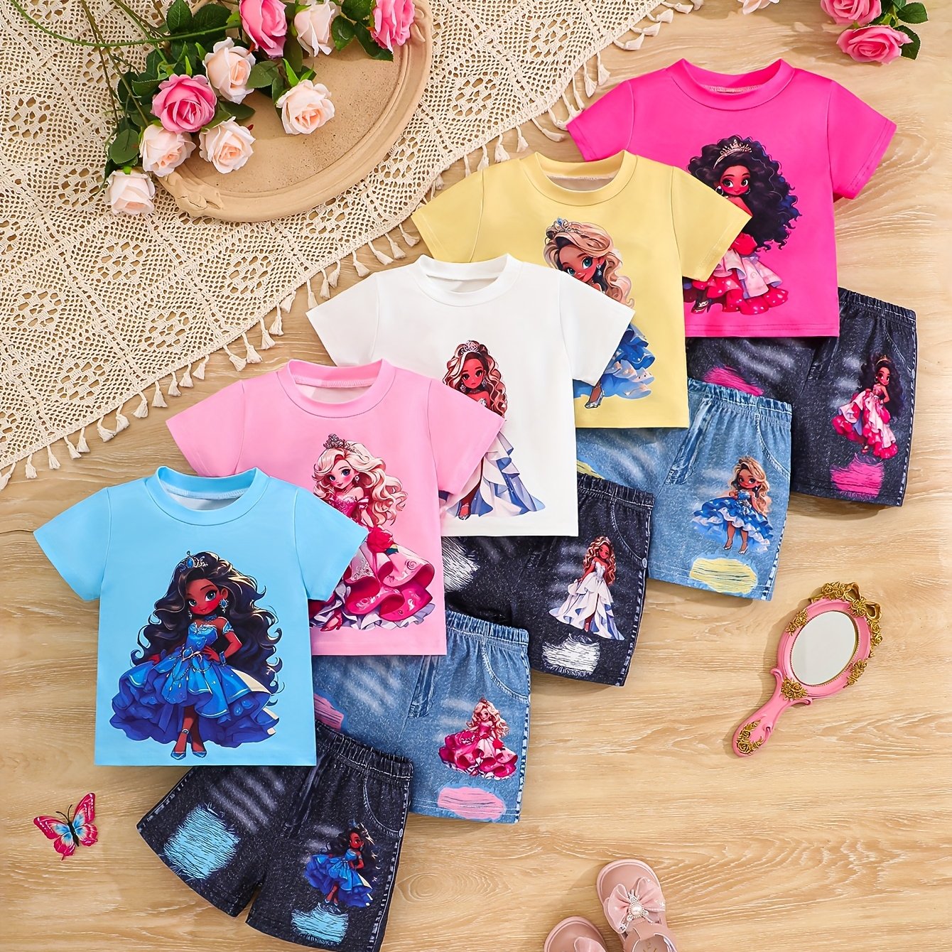 5 Sets/10pcs Youngsters' Casual Cute Princess Girl Printed Pattern Soft Comfortable Knitted Fabric Short Sleeve T-Shirt and Shorts Set, Suitable for Daily Outdoor Wear