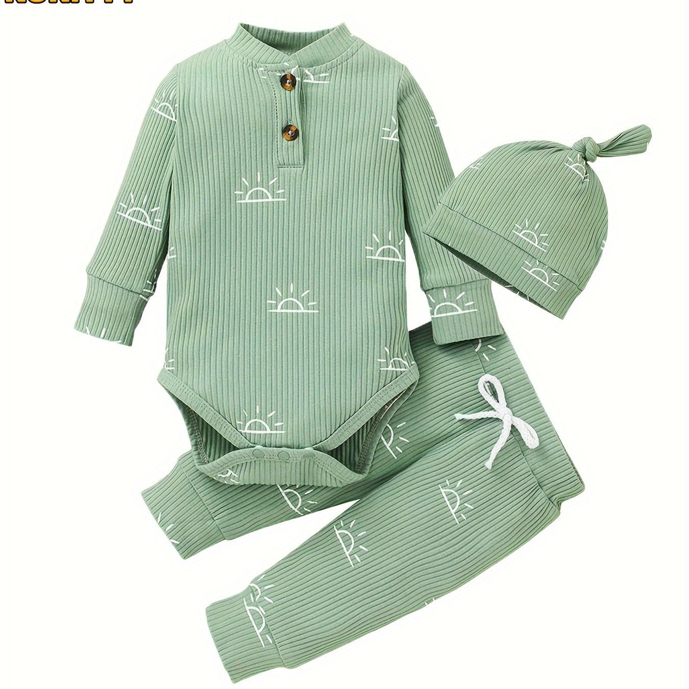 KuKitty Baby Boys Clothes Newborn Ribbed Long Sleeve Romper With Sun Pattern Pants Hat Outfits Set
