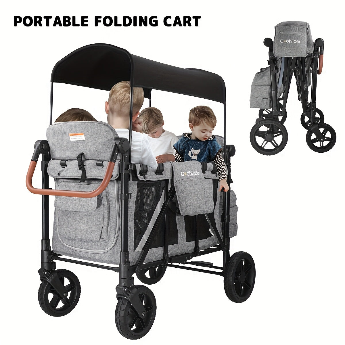 Versatile 4-in-1 Stroller Wagon with Adjustable Sun Canopy & 5-Point Harness - Perfect for Travel & Beach Outings, Suitable for Four Youngsters, Front-Facing Design, Durable Polyester Fabric, Gray/Black Color, Shock Absorptio
