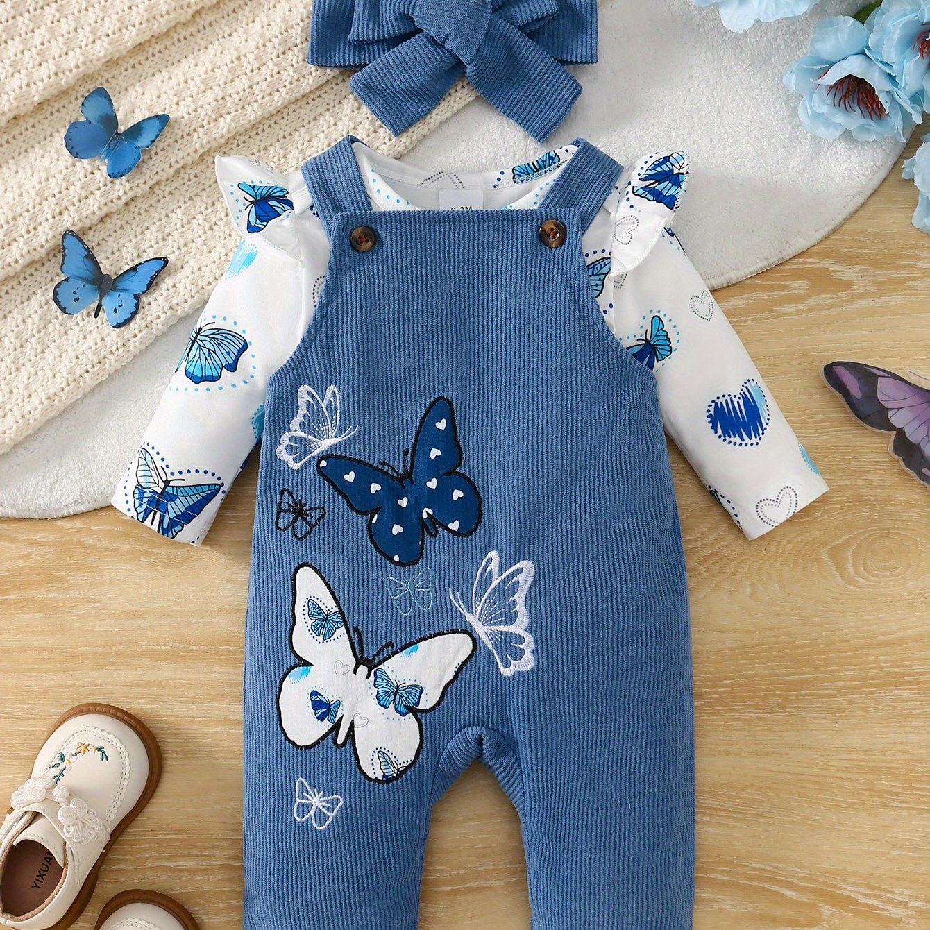 Three Piece Baby Girl Butterfly Print Set With Pants