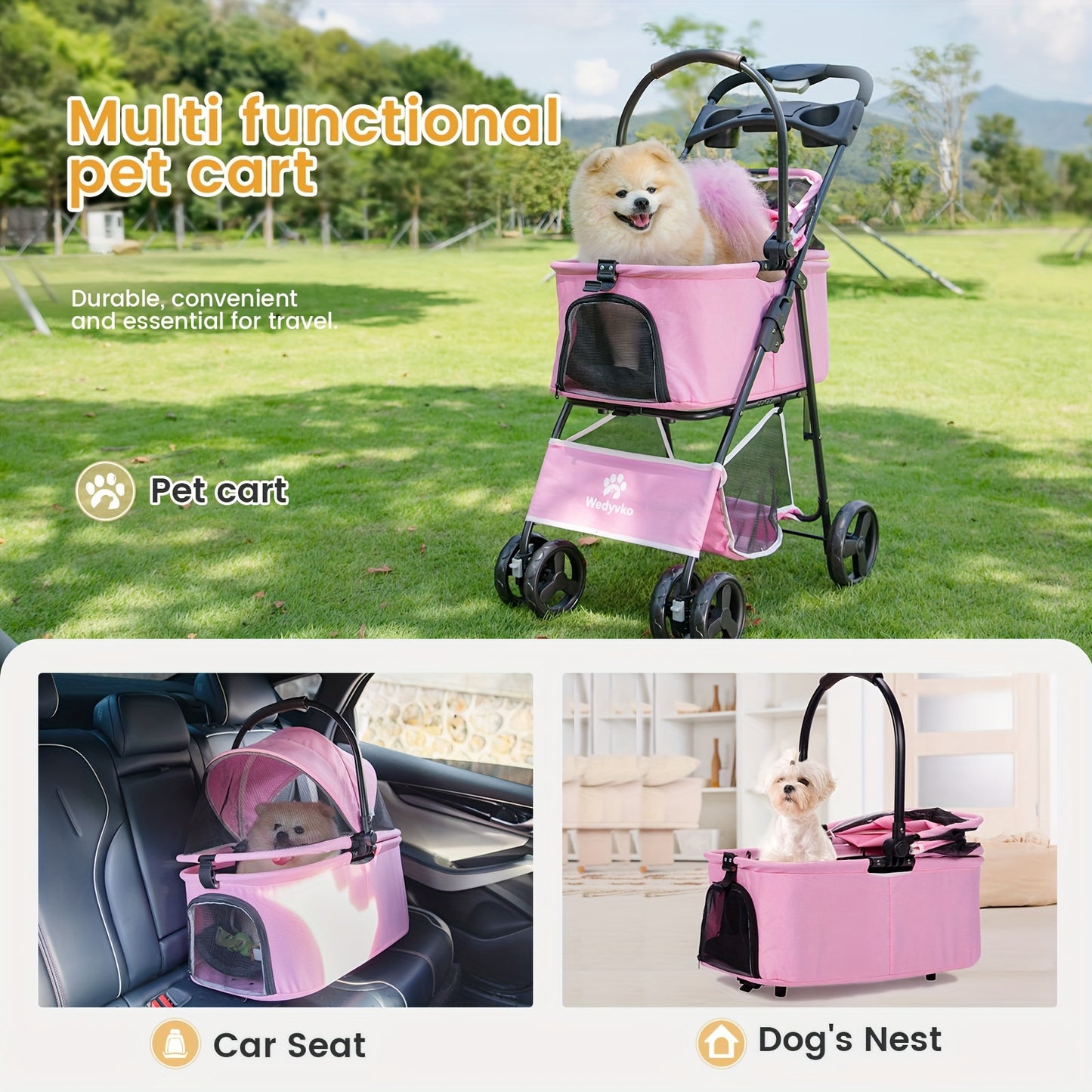 Pet Stroller For Small To Medium Dogs Durable Cat Stroller With Lightweight Aluminum Frame, One-Click Folding, No Zip Entry, PU Wheels, Multiple Pockets