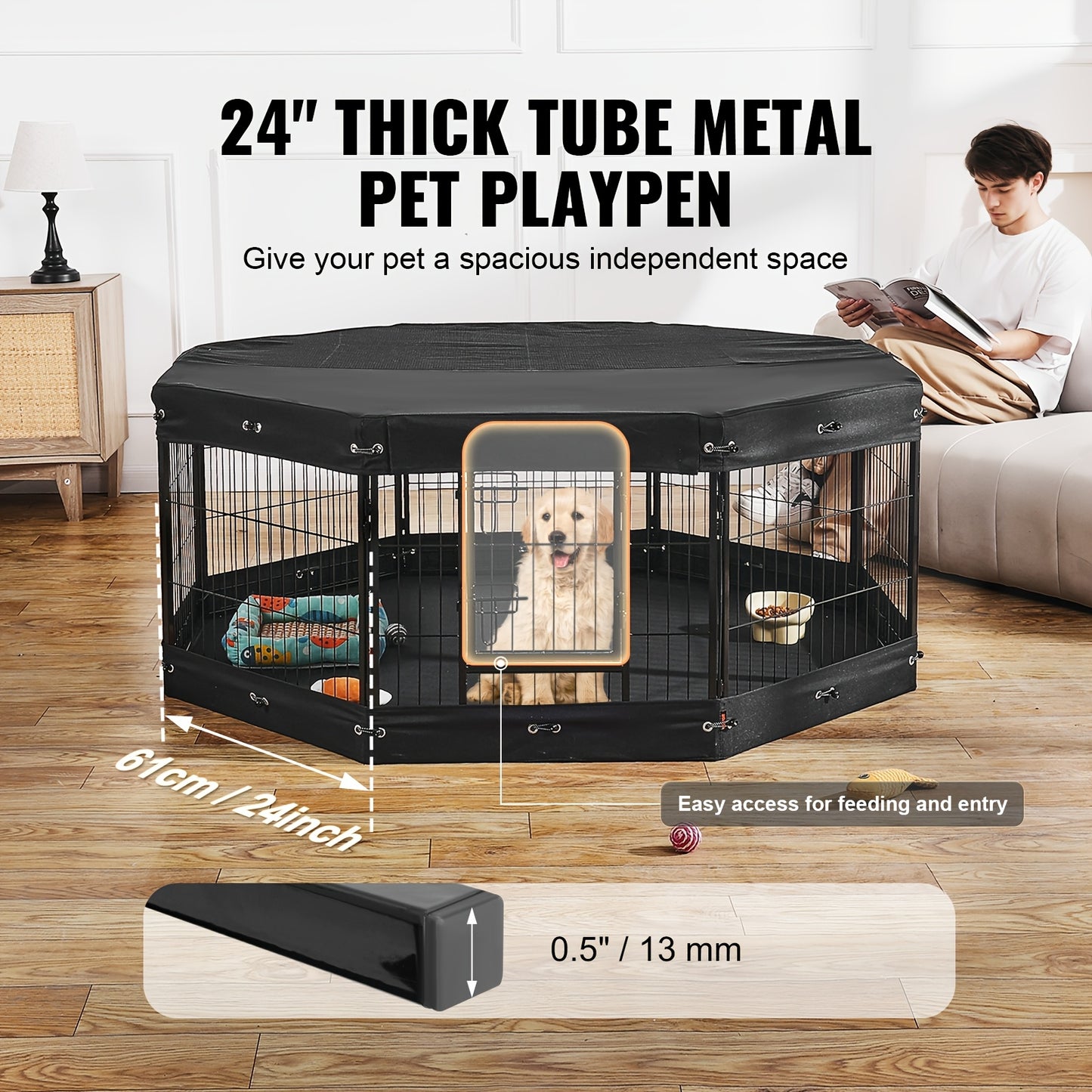 Thick Iron Wire Square Tube Sports Pet Fence with Top Cover and Ground Mat 8pcs Mesh Sheets