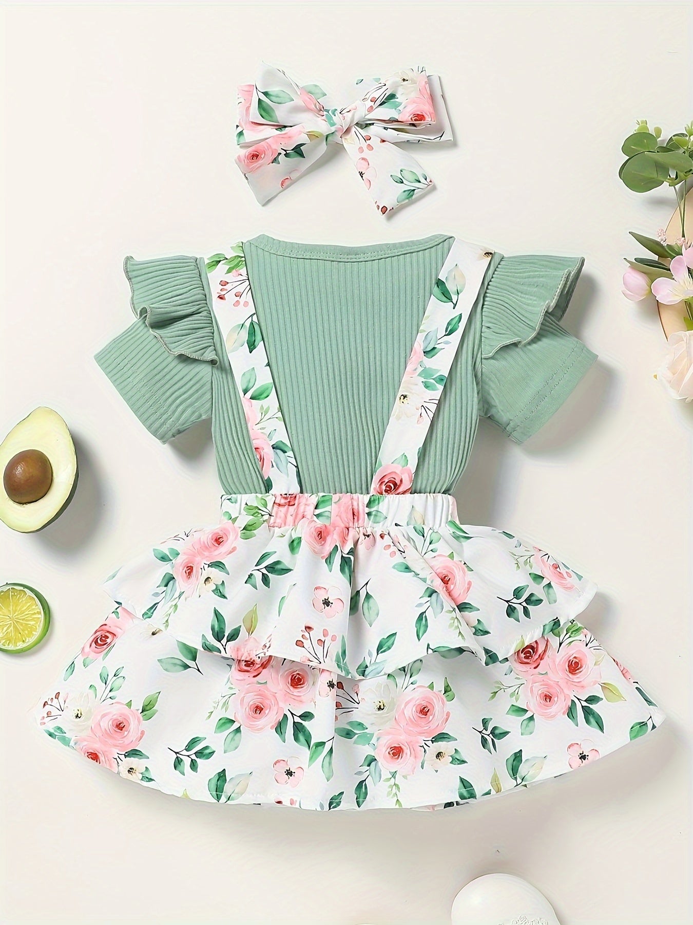 Newborn Baby Girl Summer Floral Romper Dress Outfit Set with Headband and Skirt