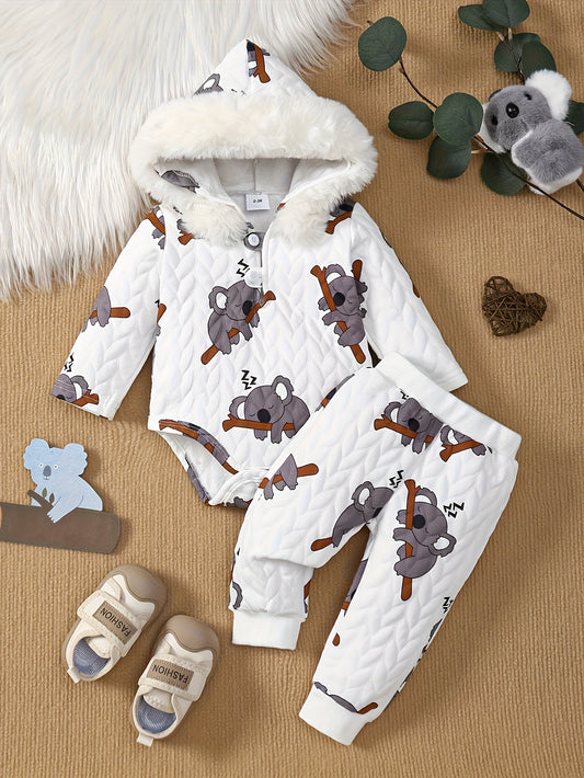 3 Piece Newborn Boy Winter Hooded Koala Print Bodysuit Set