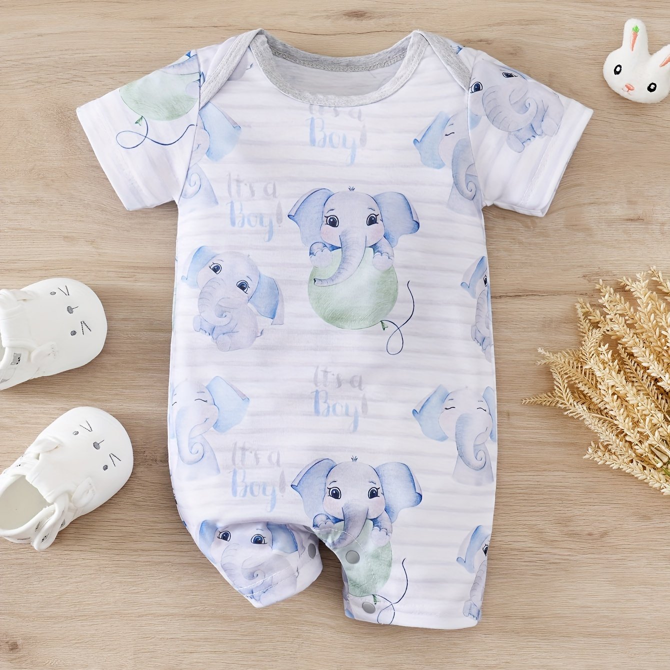 Summer Elephant Stripes Romper Adorable Cartoon Print Short Sleeve Unisex Jumpsuit