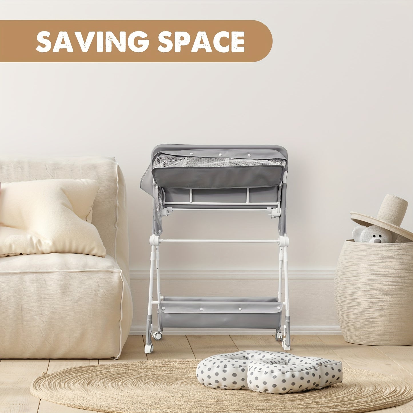 SEJOY Baby Changing Table with Wheels - Adjustable Height Folding Diaper Station, Portable Nursery Organizer & Storage Rack with Wicker Basket, Durable Metal Frame, Gray for Newborns & Infants