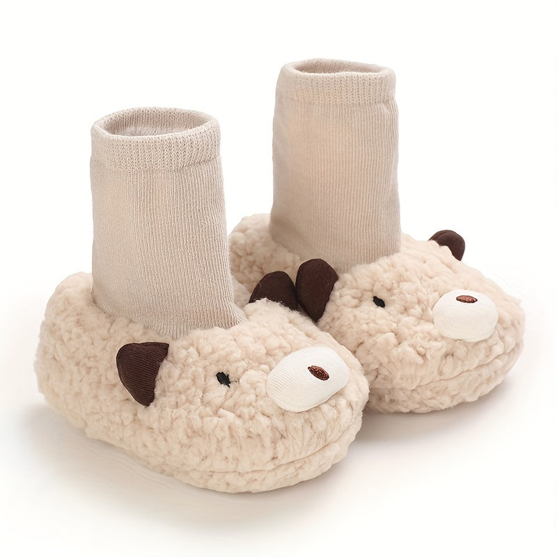 Cute Cartoon Animal Sock Shoes for Newborns, Warm Fleece-Lined Slip-On Footwear, Fabric Upper/Inner/Sole, Casual Street Style, with Sewing Thread Detail, for Indoor & Daily Use, Fall/Winter Season, Baby Shoes