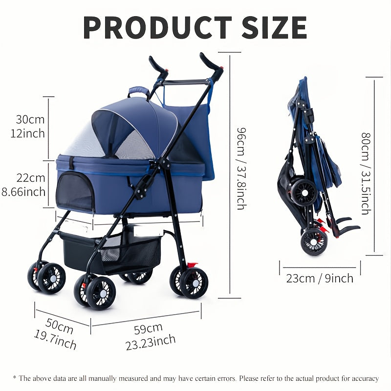 1pc Durable Pet Stroller for Small to Medium Dogs & Cats - Portable, Foldable with Metal Frame & Oxford Fabric, Blue & Black with Mesh Side Pocket, Carry Bag & Removable Tray for Travel, Dog Stroller