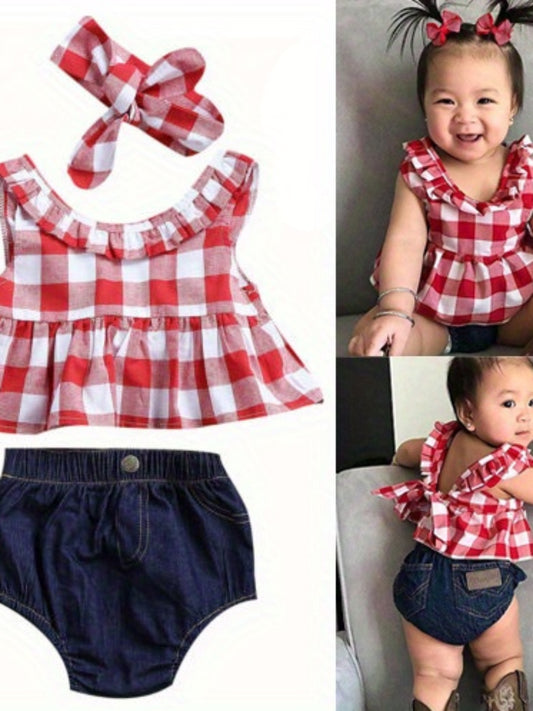 3pcs Baby Girls Summer Outfits Red and White Plaid Sleeveless Top and Denim Shorts Set with Headband, Perfect for Outdoor
