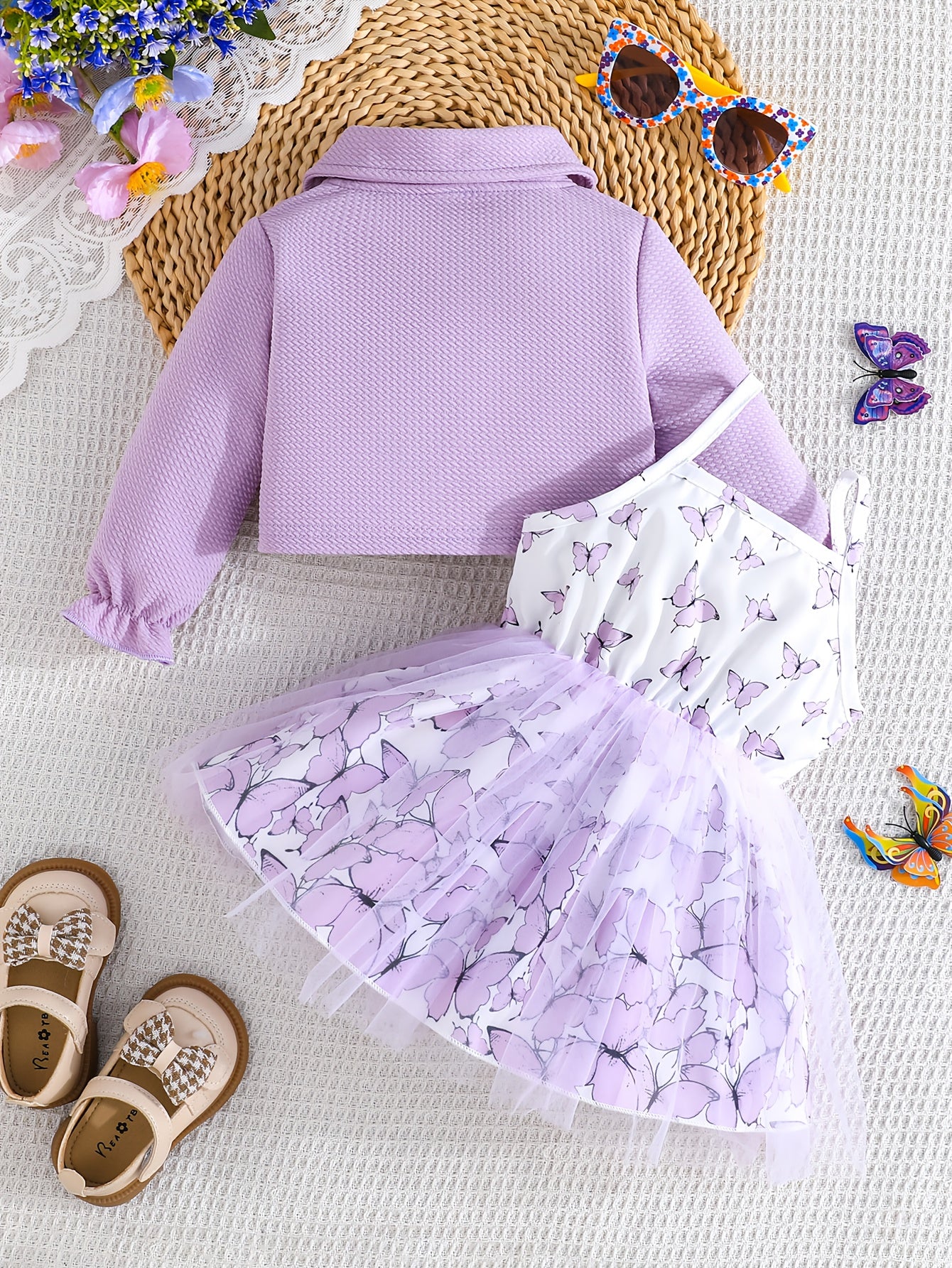 2pcs Toddler Girl Butterfly Outfit: Bee Sleeveless Suspenders Dress & Long Sleeve Cardigan, Spring/Fall Set for Playdate, Photos (0-3 Years), Perfect for Outdoor