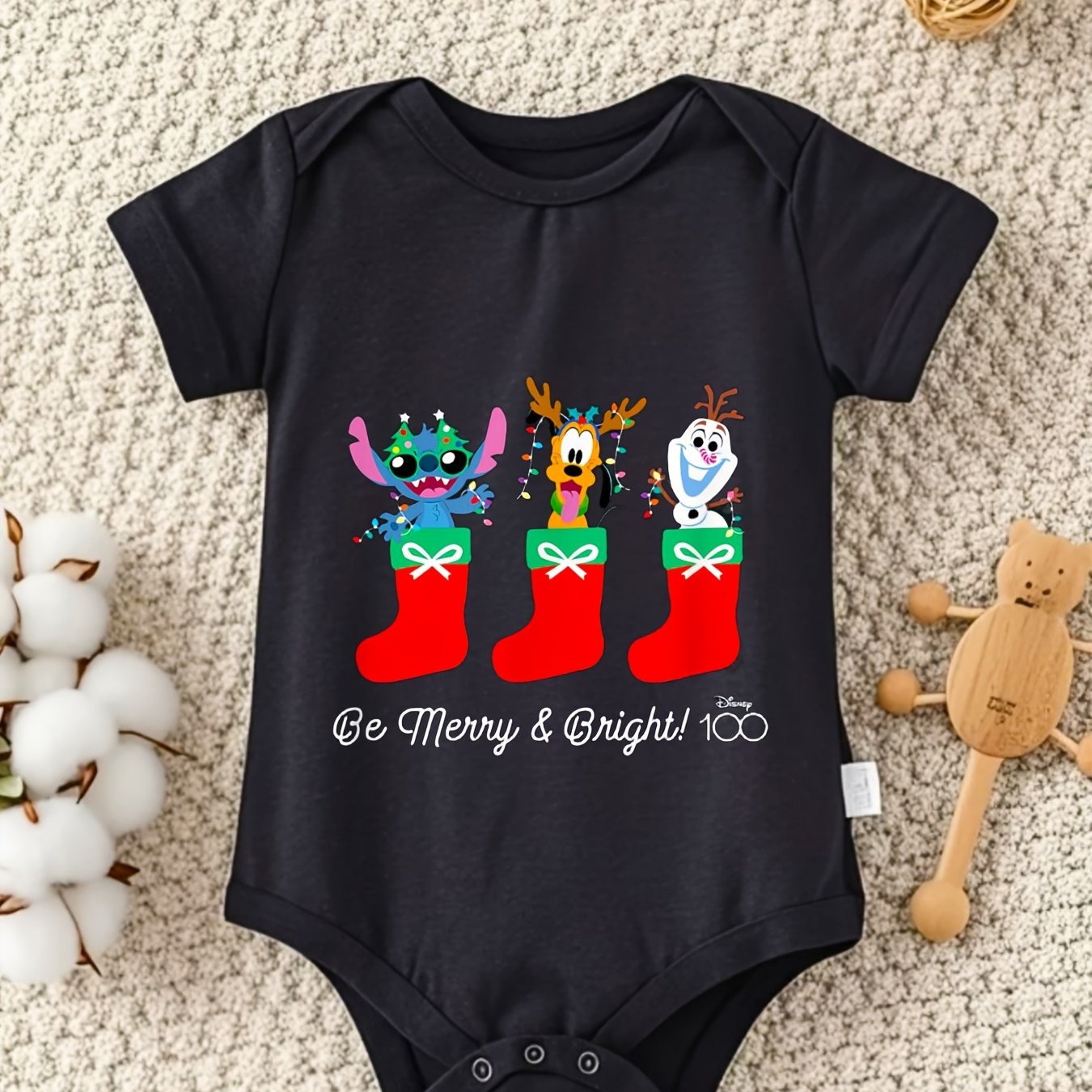 Disney Stitch Pluto Olaf Christmas Be Merry Bright 100 Percent Cotton Short Sleeve Romper