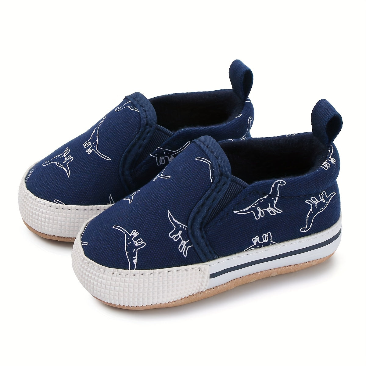 0-3 Months Slip-On Sneakers - Cute Cartoon Dinosaur Pattern Soft Fabric Low-Top Shoes for Indoor Crib Shoes, Spring & Autumn Daily Wear (Navy/White), Shoes