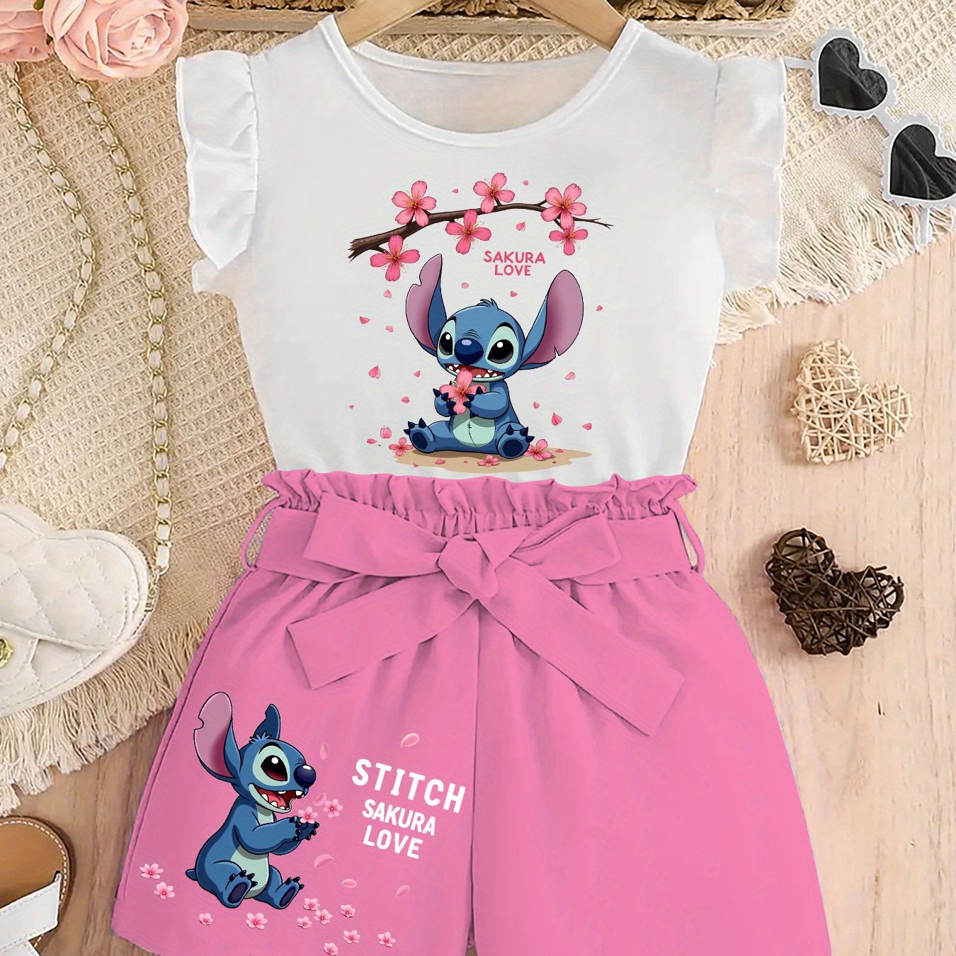 Disney Stitch Girls 2pcs Set, Floral Print Top and Belted Shorts, Perfect for Summer Kids' Party Outdoors Activities