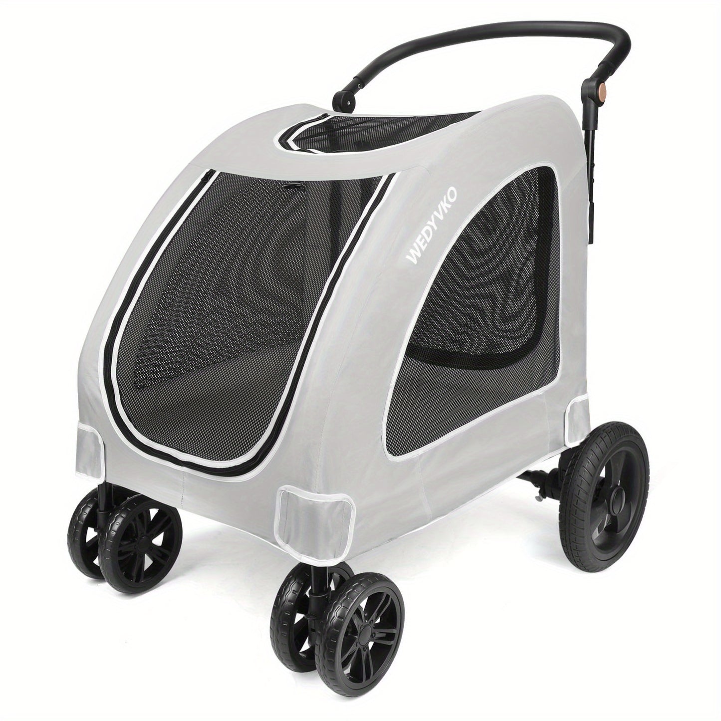 Spacious Pet StrollerRoomy For Pets Up To 120lbs (54kg). 3-sided Mesh For Airflow & Security. 360° Silent Wheels & 3-angle Adjustable Handle For Easy Maneuvering. One-step Fold For Compact Storage.