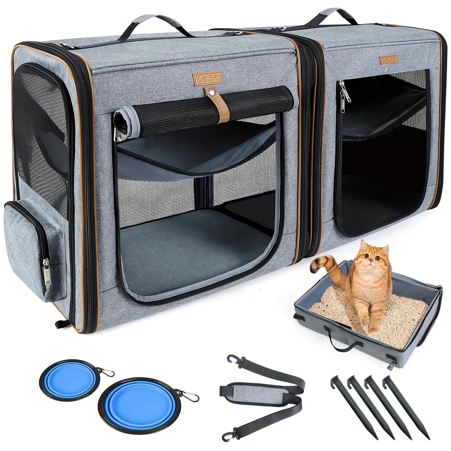 Double Cat Travel Carrier With Litter Box Medium Grey Pet Kennel For Dogs And Cats