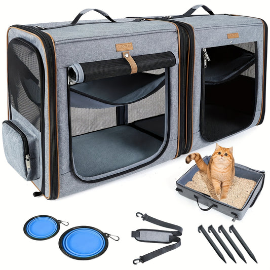 Double Cat Travel Carrier With Litter Box Medium Grey Pet Kennel For Dogs And Cats
