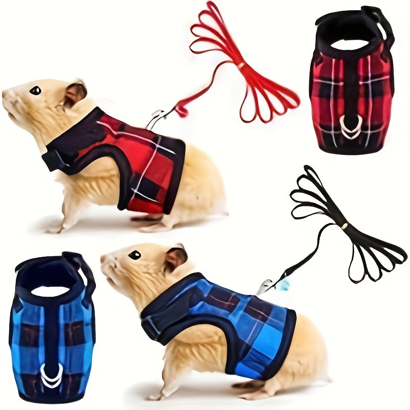 [2pcs Harness Set] 2pcs Adjustable No Pulling Harness And Leash Set | Plaid Hamster Harness With Safety Bell For Ferret Chinchilla And Similar Small Animals